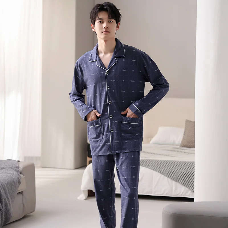 Big Size M-4XL Men Pajamas Set 100% Cotton Turn-down Collar Sleepwear Male Autumn Long Sleeve Pyjamas