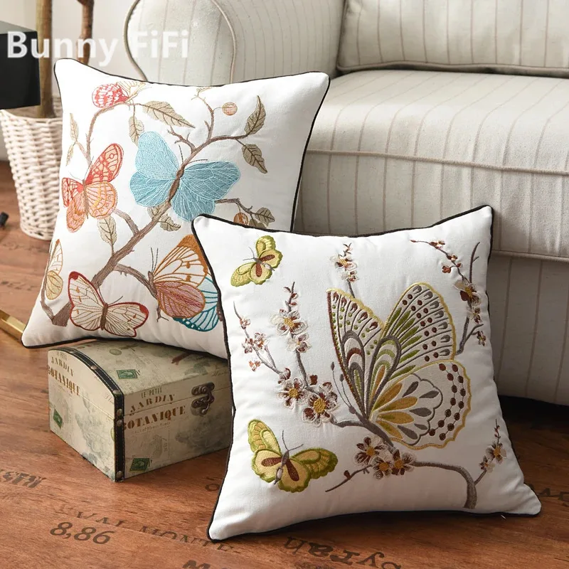 Butterfly Cushion Cover 45x45cm Floral Country Style Pillow Cover Cotton Embroidery Suqare Home decoration for Living Room