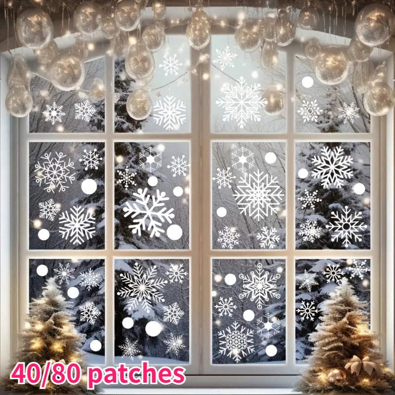 40/80pcs Snowflake Window Cling, 4 Designs Reusable Static Decal, White Christmas Holiday Decor for Kitchen Shop Store