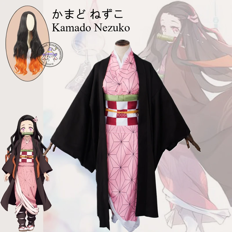 

Kimetsu No Yaiba Anime Kamado Nezuko Cosplay Costume Kimono Demon Slayer Role play Wigs Halloween Carnival Party Women Outfit