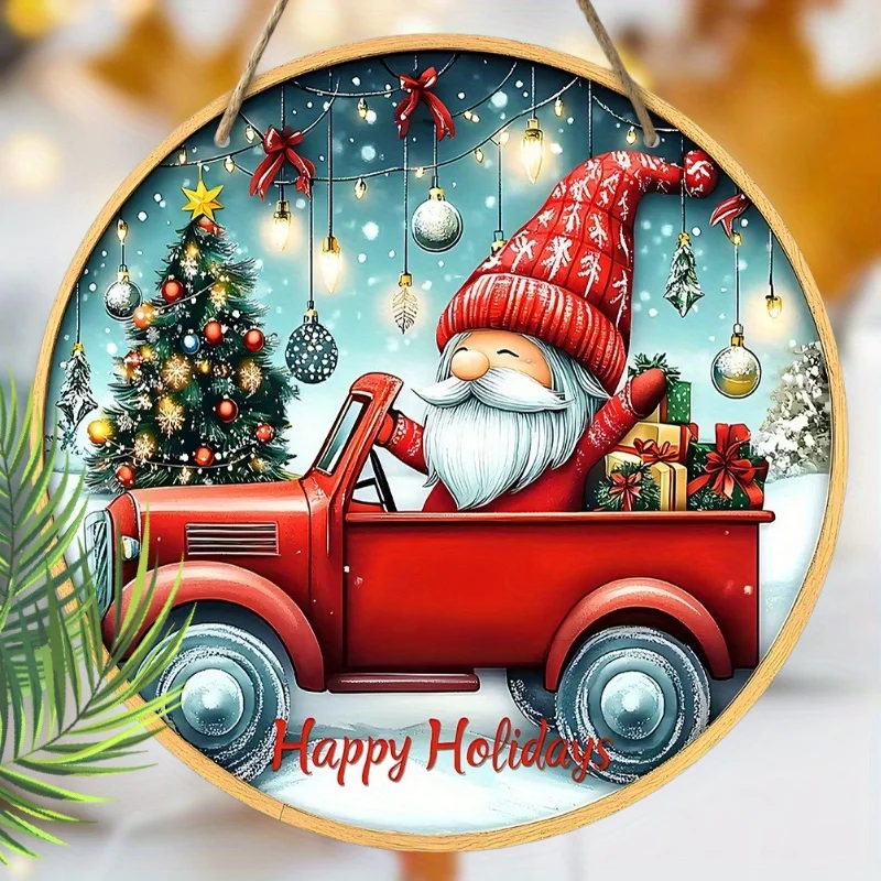 2D Flat - 1pc Merry Christmas Hello Santa Red Pickup Truck Snowflake Snowy Christmas Tree Xmas Wood Porch Wreath Flat Hanging Pr