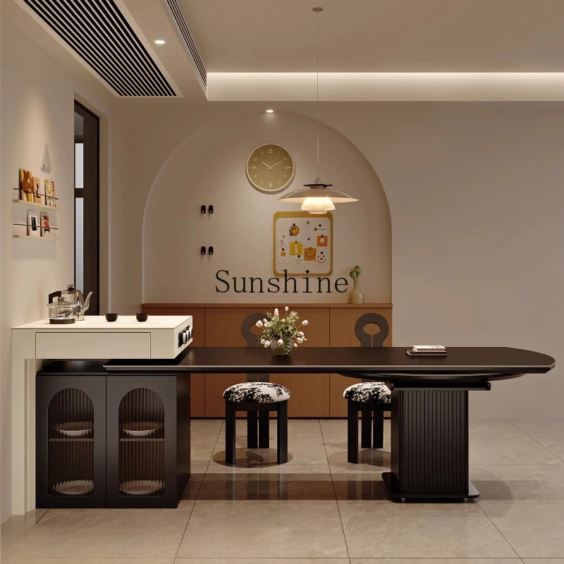 

Modern simple and multi-functional rotatable round table household pure black rock slab dining table