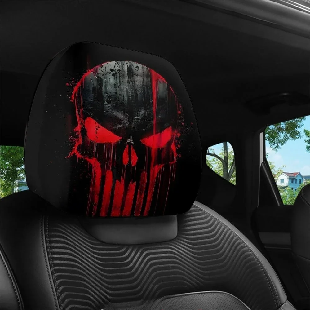 2Pcs Edgy Dark Cool Style Skull Flame Eye Splash Ink Printed Car Headrest Covers Fit For All Vehicle Types