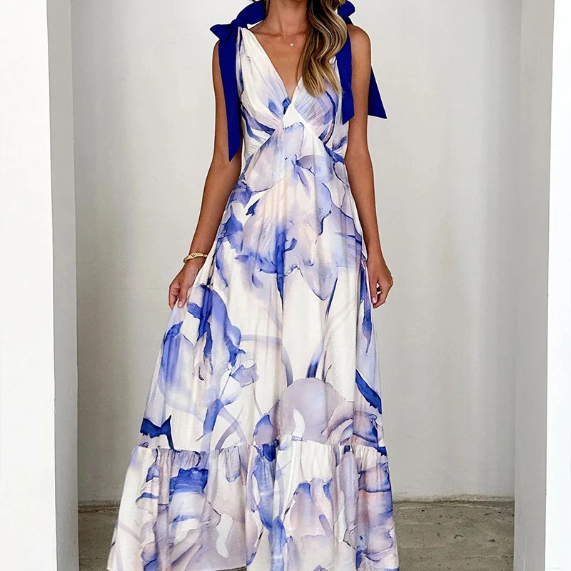 Vintage Pattern Print Women's Summer Bohemian Party Long Dress Elegant V-Neck Sleeveless Sundress Bow Pleated Maxi Dresses
