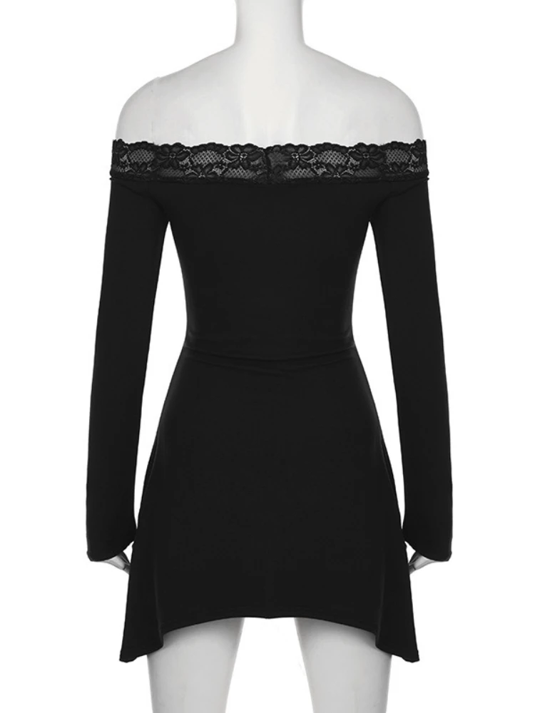 Stsss sexy fora do ombro manga longa magro mini vestido feminino moda renda hem slash neck cortar detalhe elástico uma linha vestido curto