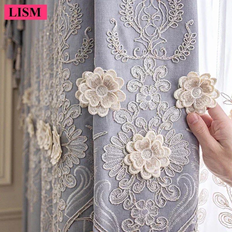 European Luxury Grey Curtain for Living Room Bedroom Modern Window Blackout Embroidered Tulle Villa Elegant Valance Decor Custom