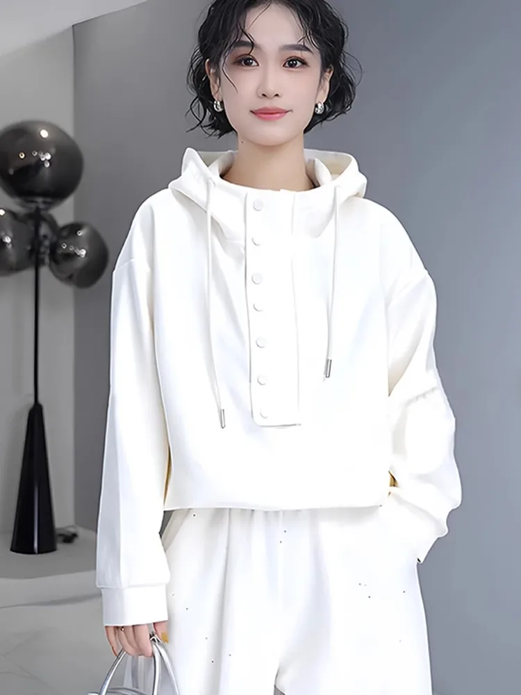 American Lazy Style Half Button Drawstring Hoodie Women's Short Fashionable Casual Sweatshirt Loose Fit Long Sleeve Basic Color