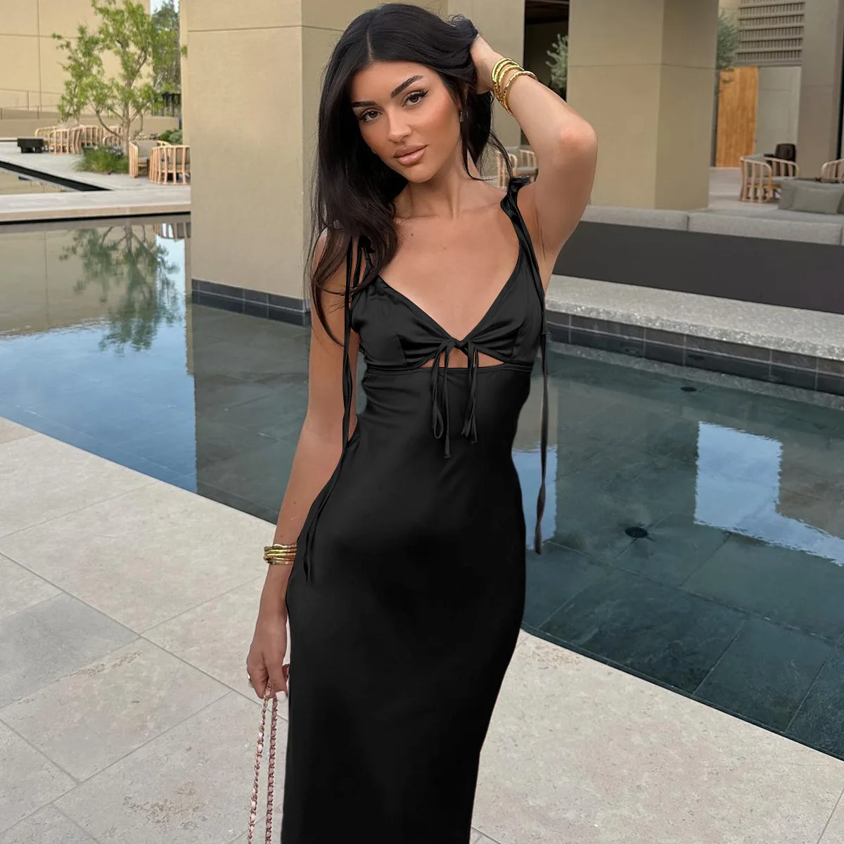 Satin Sexy Rückenfreies Kleid Abend Club Geburtstag Kleider 2025, Frauen Sommer Sexy Bodycon Lange Party Elegante Prom Rosa Kleid