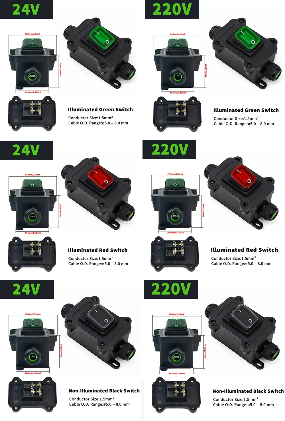 Wasserdichter Inline-Wippschalter IP68 Stromkabel Ein/Aus-Schalterbox 220V 24V 16A 30A LED Optional Einzel/Doppel für Außenbeleuchtung – Detail 3