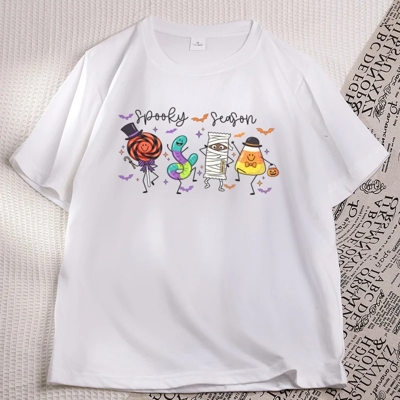 Happy Halloween Candy T Shirt Cute Smiling Characters T-shirts Funny Spooky Season Graphic Tshirts Retro Candy Tees Woman
