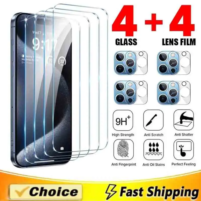 8 in1 Tempered Glass for IPhone 13 14 15 16 Pro Max Screen Protector for IPhone 11 12 Pro Protector Pantalla Iphone 16 Lens Film