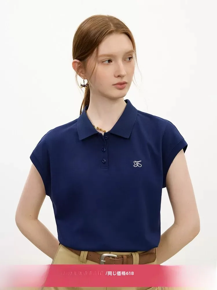 

Vanshlan Anti-Aging Shoulder T-Shirt Women's Summer Sport Style Collar Overhead Cotton Straight Tube Thin Short Sleeve