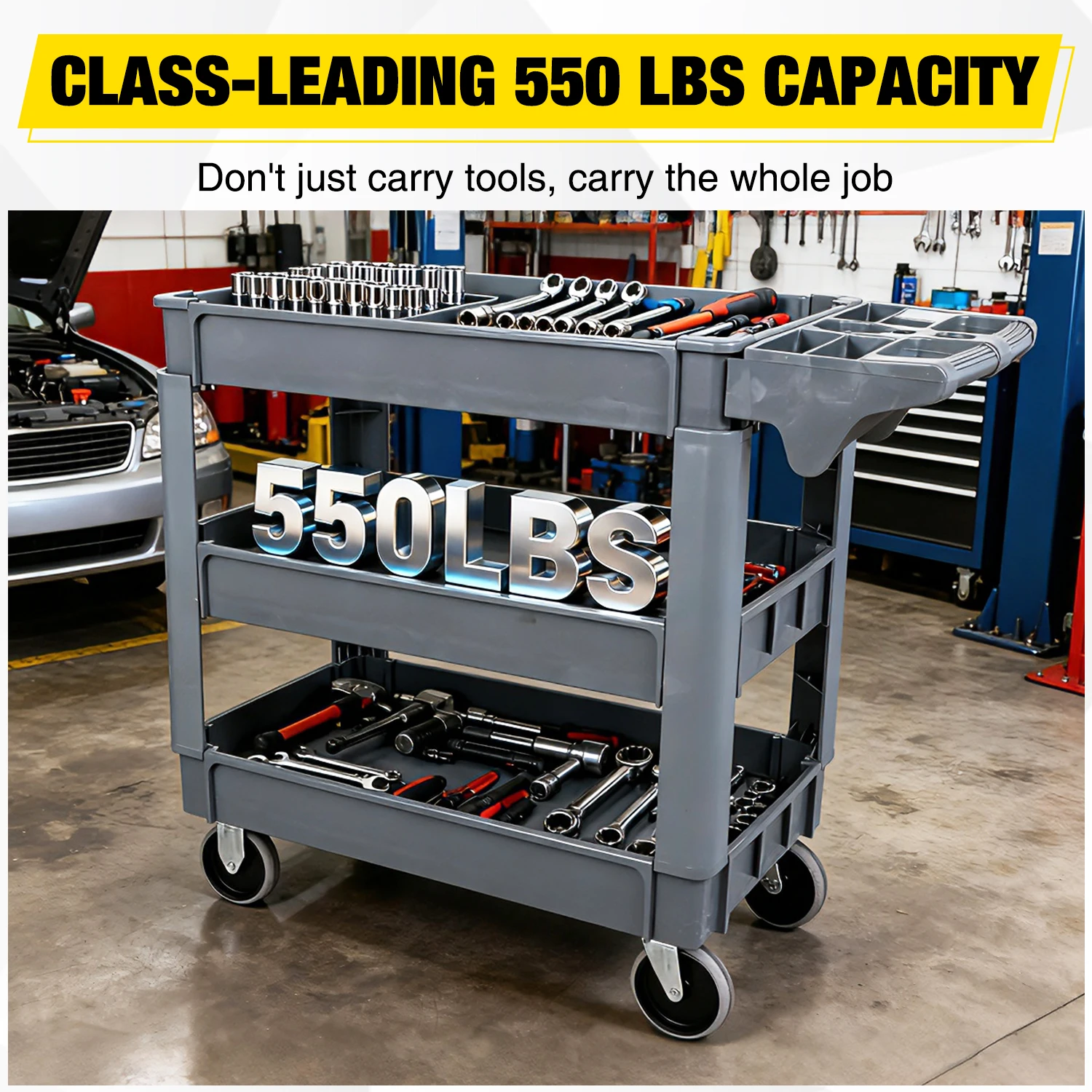 Heavy Duty 2-Shelf Plastic Utility Cart - 550 lbs Capacity Rolling Service Cart with 5