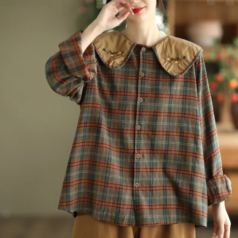 자수 체크 피터팬 칼라 셔츠 봄 가을 캐주얼 긴팔 면 블라우스 여성 루즈 싱글 브레스티드 탑