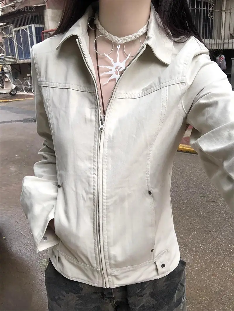 American Retro Lapel Collar Leather Jacket Women Chaqueta Mujer Harajuku Veste Femme American Streetwear Grunge Tunic Top