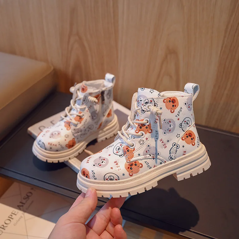 2024 Autumn New Children's Martin Boots Korean Cute Leather Boots Fashion Printed Casual Women's Shoes