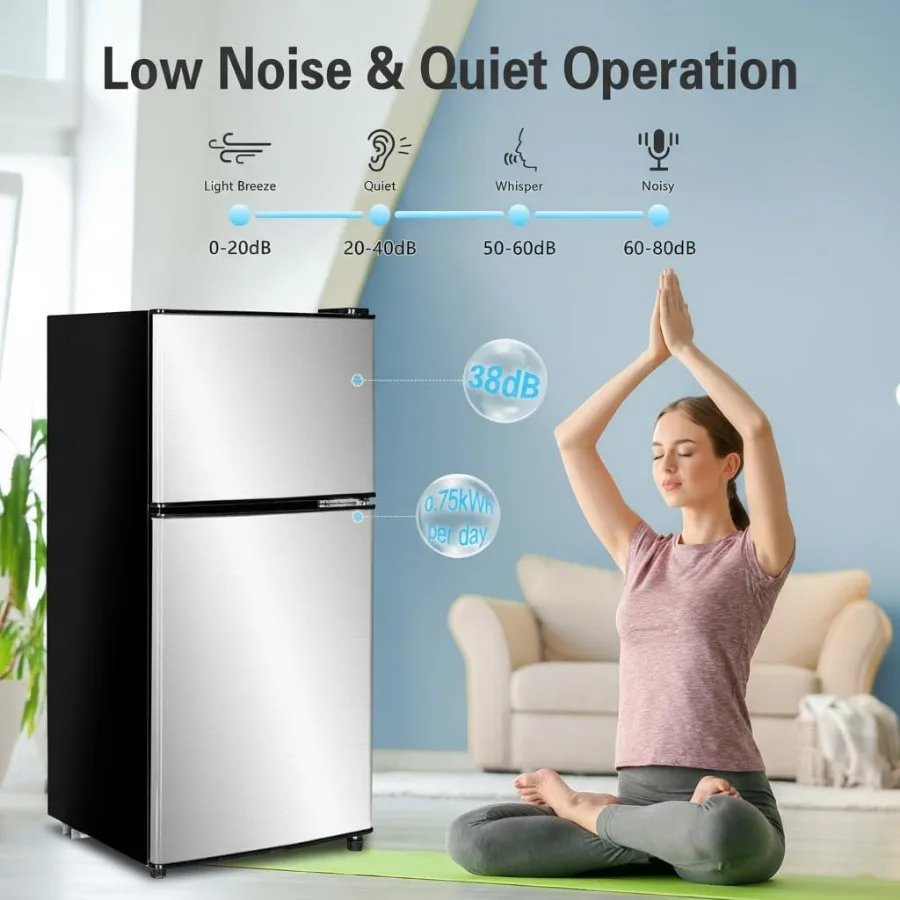 ثلاجة صغيرة مدمجة ببابين 3.2 قدم مكعب مع فريزر للشقة والمكتب والسكن العائلي ومرآب الطابق السفلي يستخدم فضي موفر للطاقة