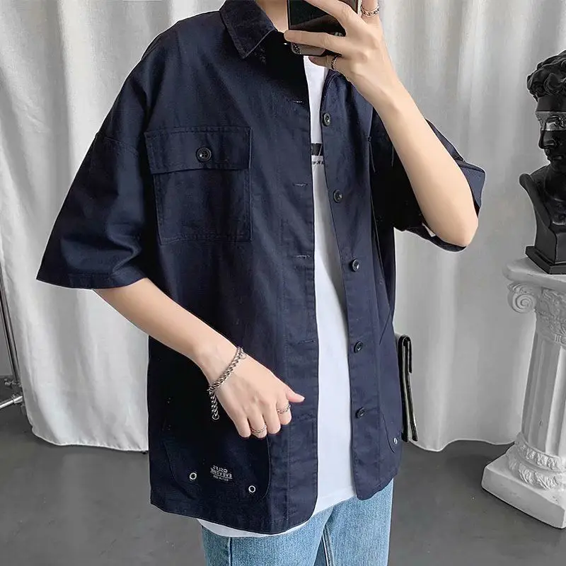 Elegant Fashion Shirts Loose Solid Patchwork Casual Turn-down Collar Short Sleeve Pockets Spring Summer Thin Men\'s Clothing 2023