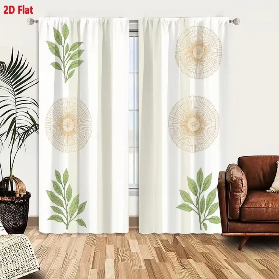 2 PCS Green Leaf Circle Curtains, Fresh Natural Style Window Drapes for Living Room Bedroom Home Decor Polyester Rod Pocket
