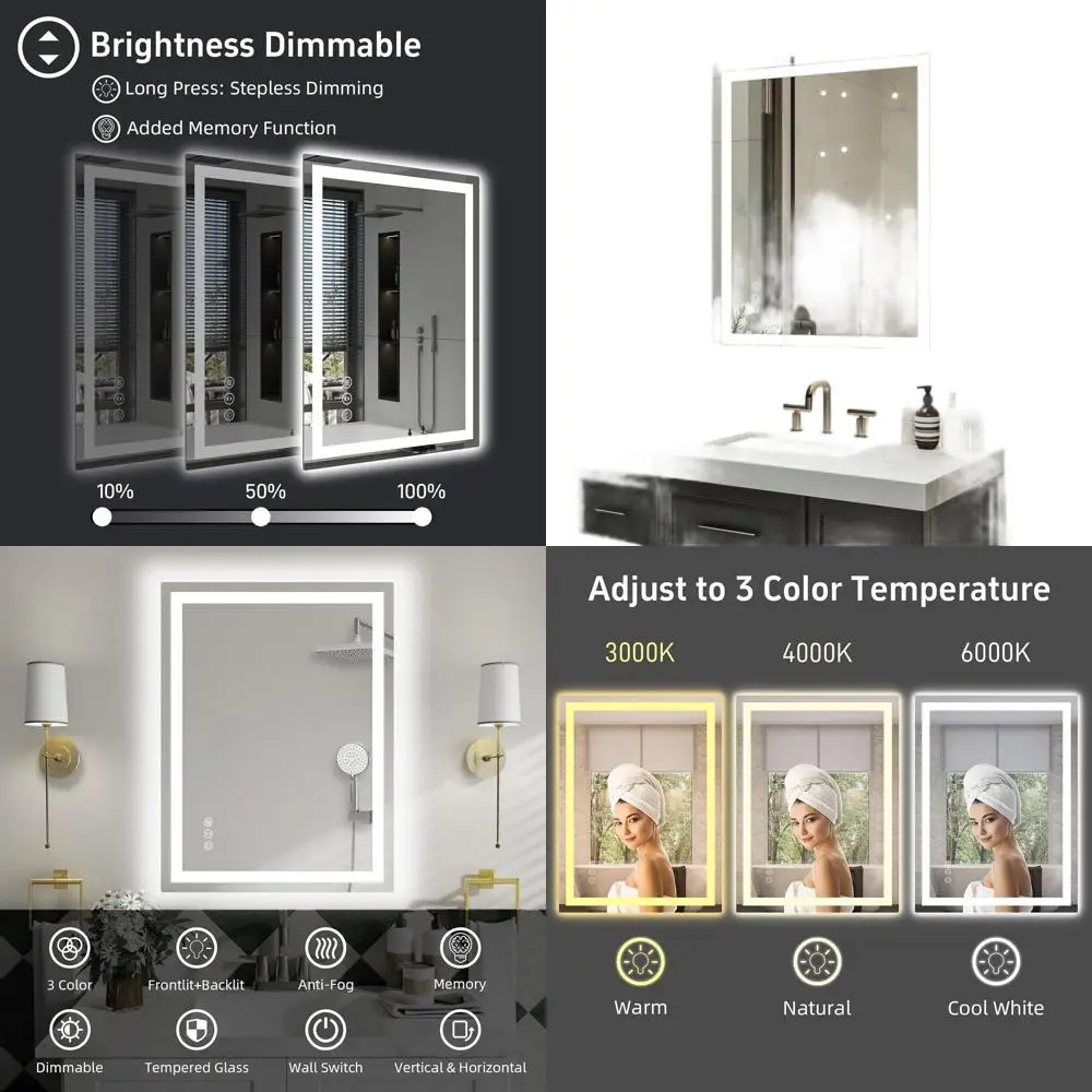 

Зеркало для ванной с LED-подсветкой 24 x 32 дюйма, с регулируемой яркостью, двойной подсветкой, из закаленного стекла, с 3 вариантами цвета