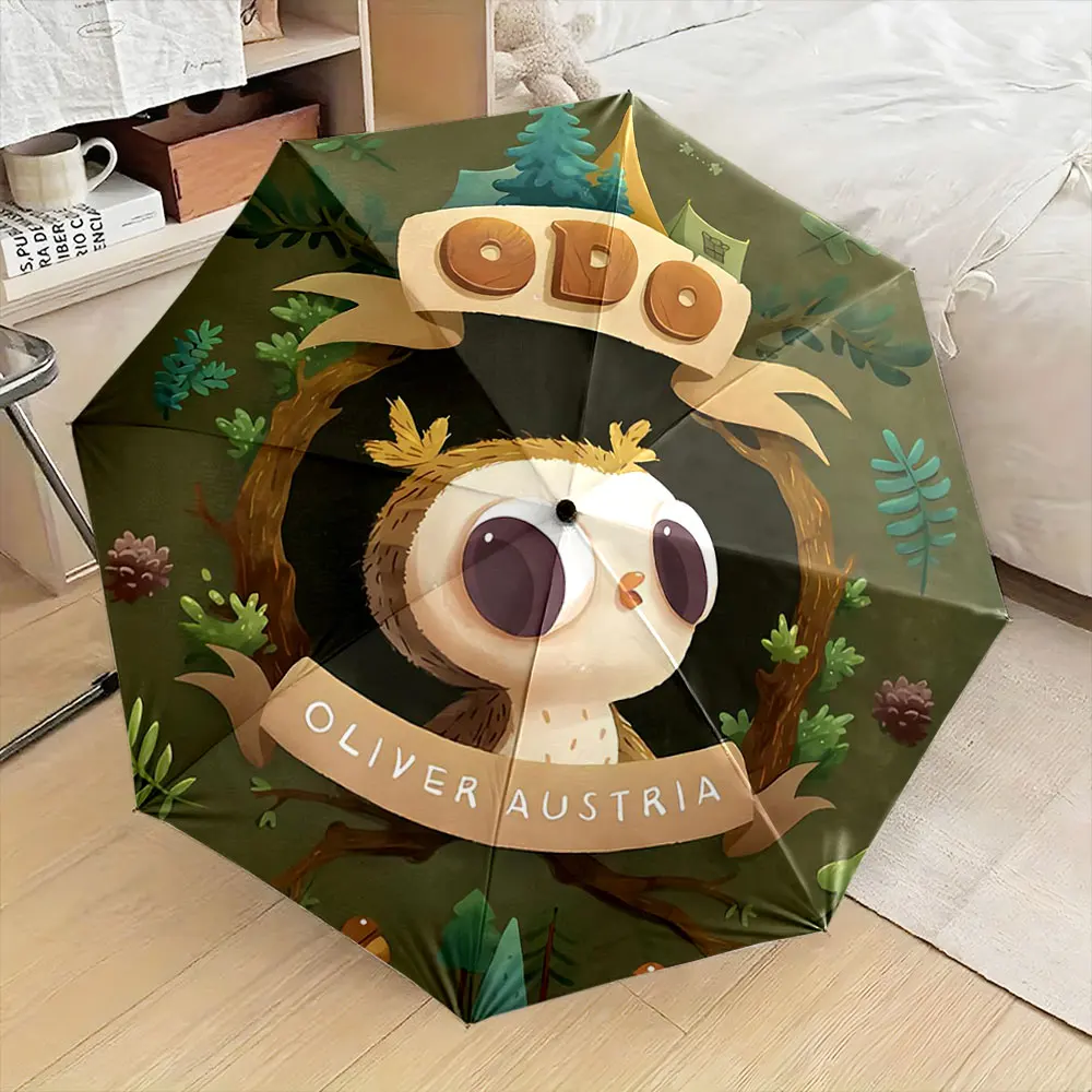 Cute Owl in Forest Theme Illustration Umbrella Compact Fashion Folding Umbrella for Daily Use, Christmas Gift