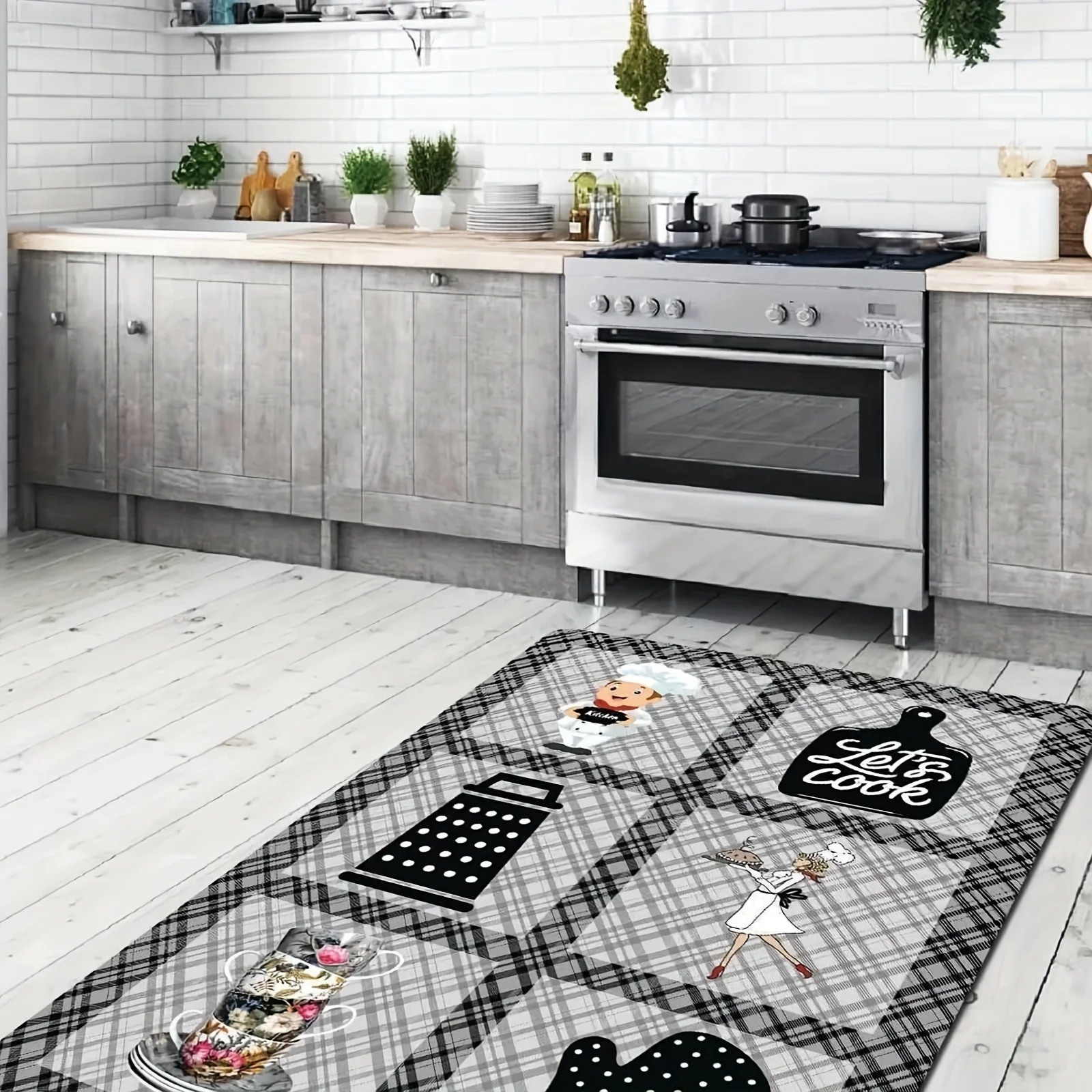 Cartoon Chef Kitchen Doormat, Black Plaid Cooking Utensil Entrance Non Slip Rug, Washable Bathroom Floor Carpet