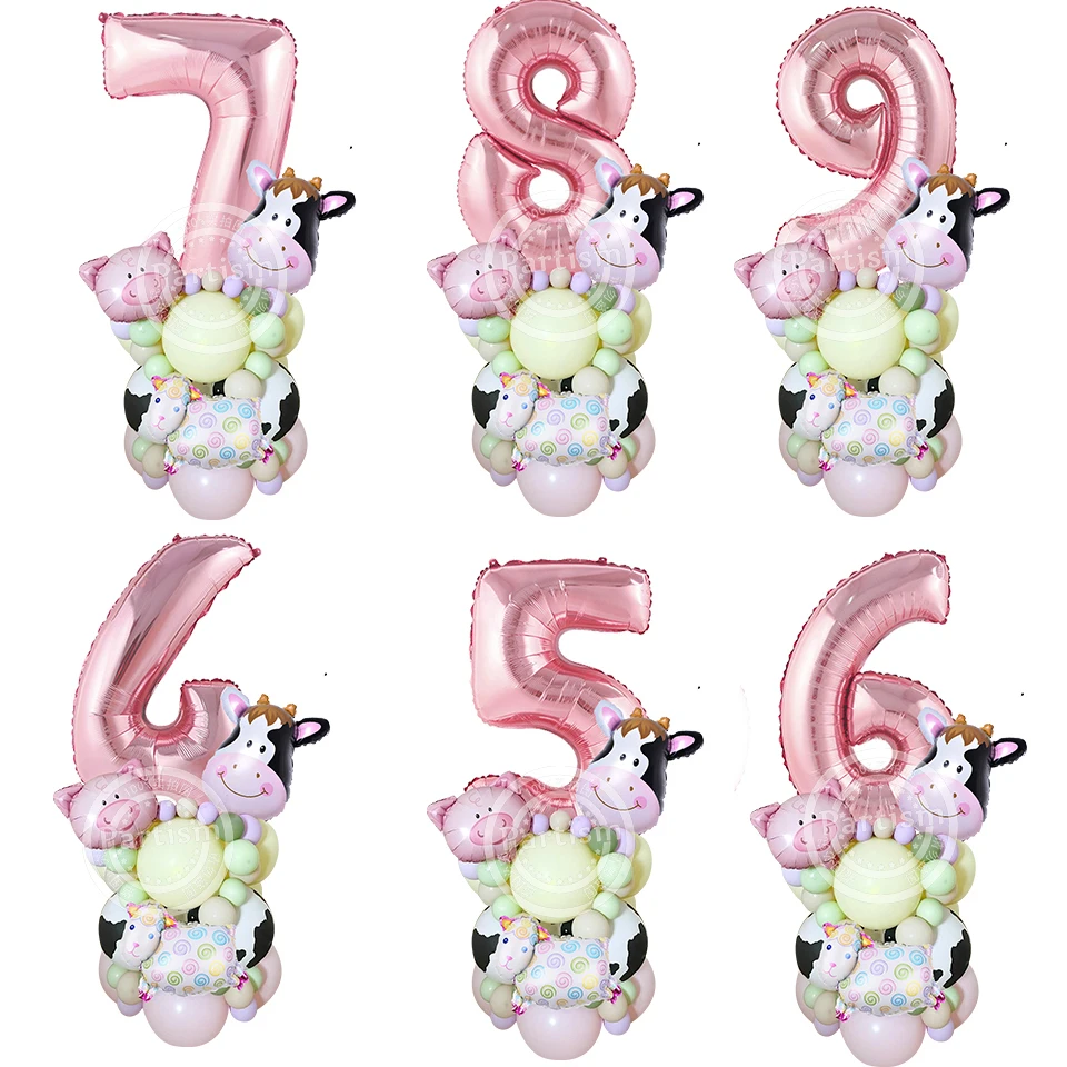 27PCS Carton Farm Animal Balloon Tower 32inch Foil Number Balloon Girl\'s Farm Animal Birthday Party Supply DIY Party Decoration