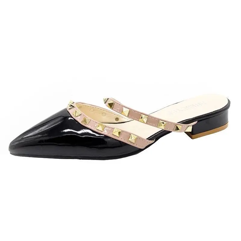 Women High Heels Slides Outer Wear 2022 Summer Women Sandals New Style Rivets Fashion Pointed Thick Heel Toe Slides Women