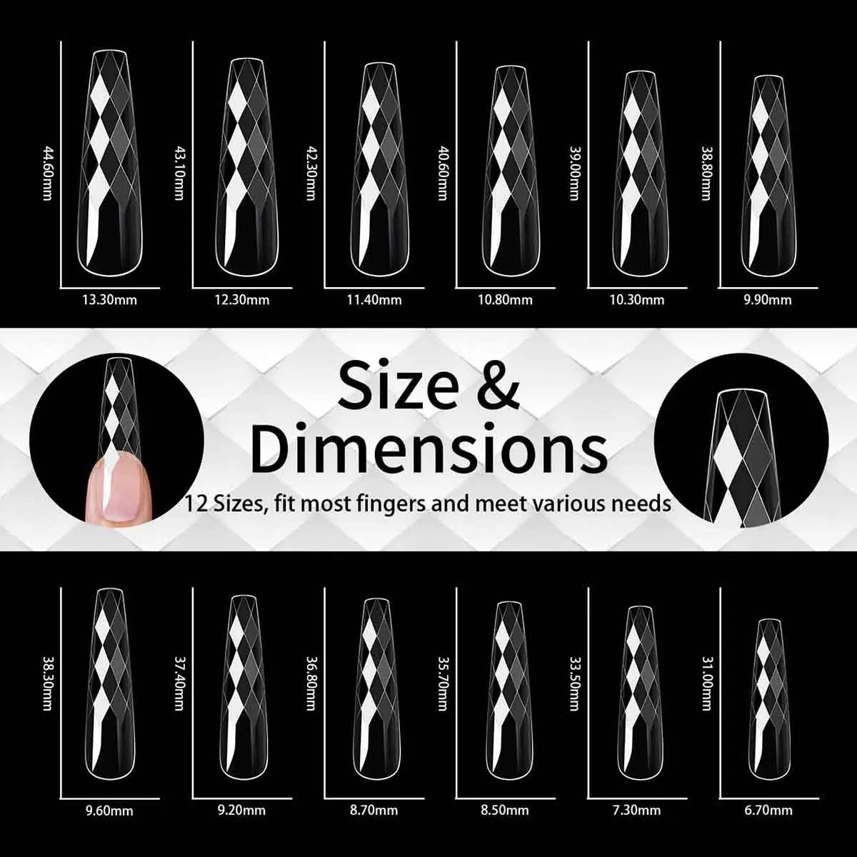 3D Diamante Rombo Punte per unghie finte trasparenti Lungo Stiletto Bara Copertura completa Strumenti di decorazione per unghie 12 dimensioni 120PC Stampa sulle unghie