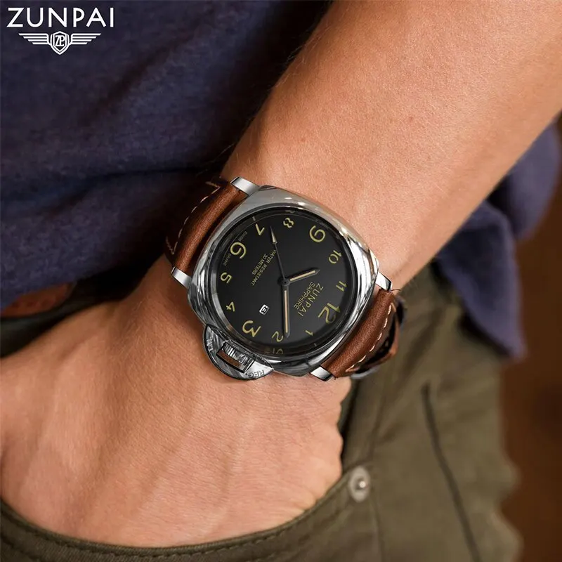 ZUNPAI Original Watch for Men Waterproof Sport Fashion Leather Strap Black Luminous Analog Baterai Quartz Wristwatches