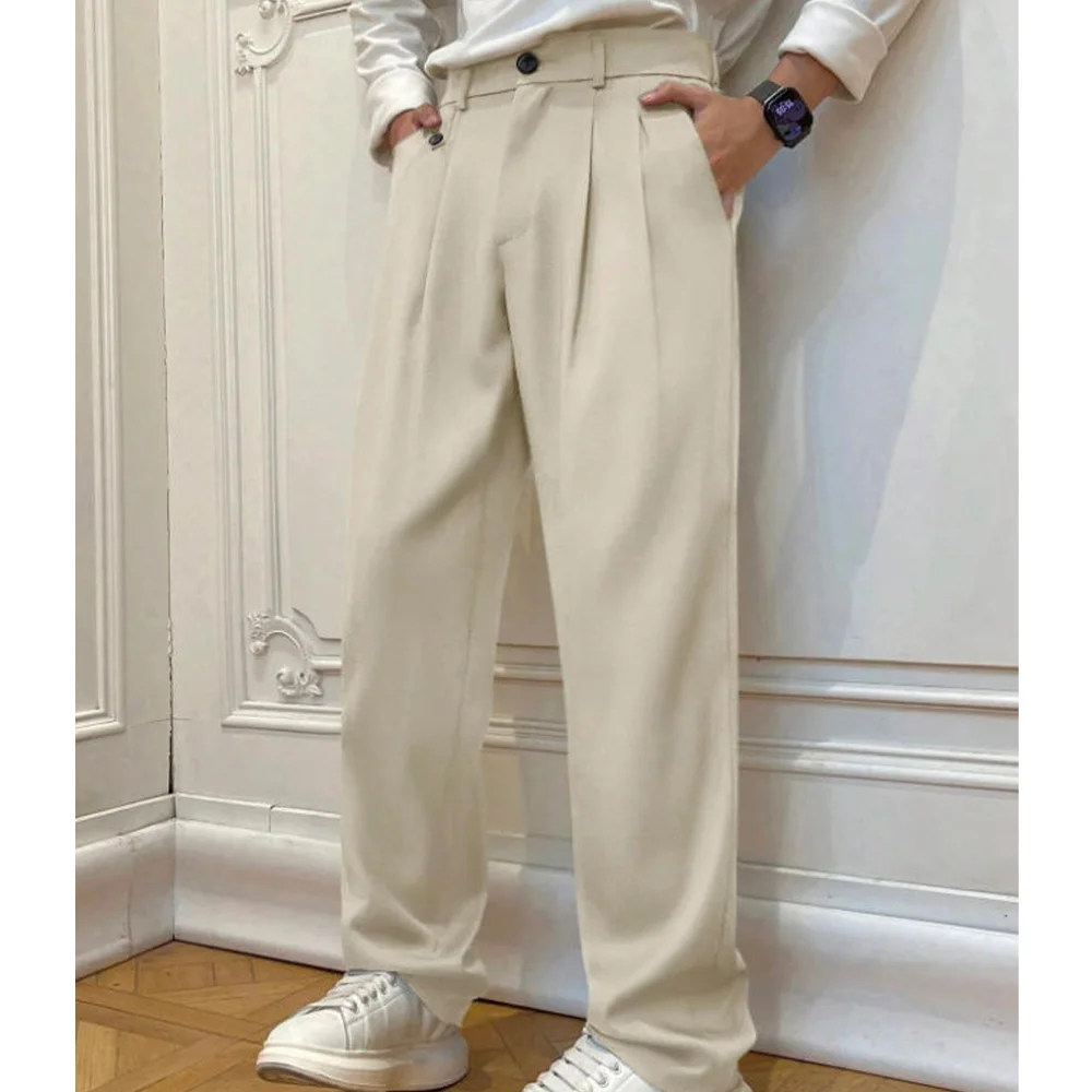 

Мужские смешанные брюки, плиссированные повседневные широкие брюки со средней талией, удобные дышащие деловые повседневные брюки, мужские брюки