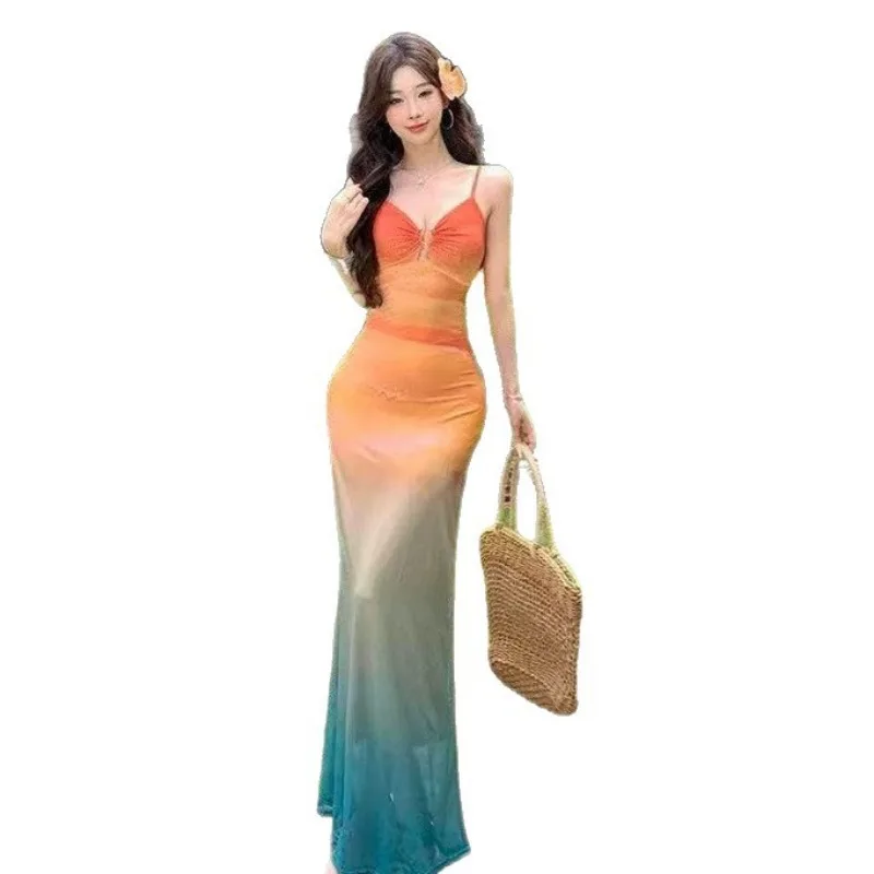 

2026 New Women's Sunset Gradient Mesh Maxi Dress Spaghetti Strap Bodycon Mermaid Gown Summer Beach Vacation See-Through Dresses