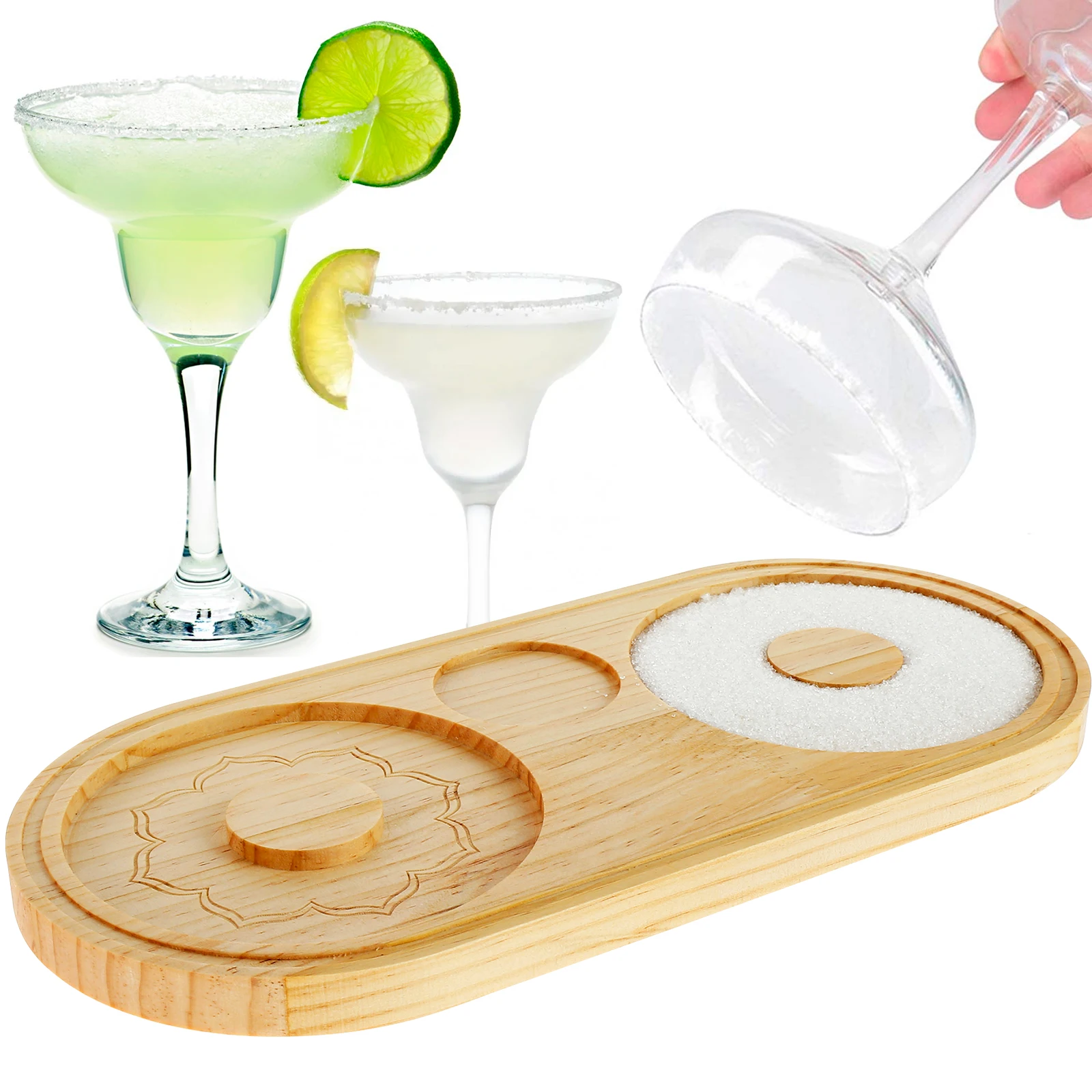 Margarita Salt Rimmer Reusable Bamboo Sugar Salt Rimmer with Double Plate Salt Box Spice Container Bartender Tool for Cocktail