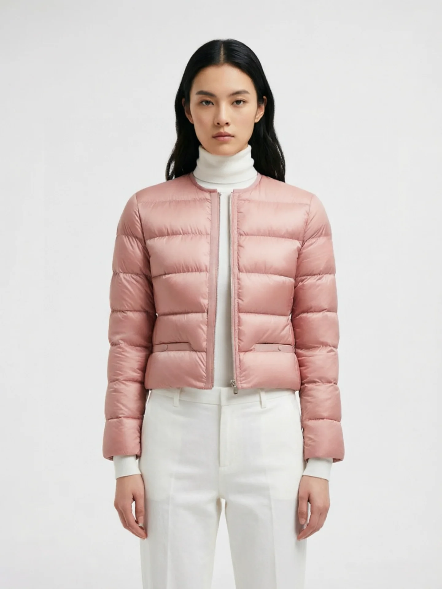 Women's Slim Fit round Neck Shortdown Jacket Ultra Lightweight Spring Autumn White Goose down Warm Zipper Cardigan