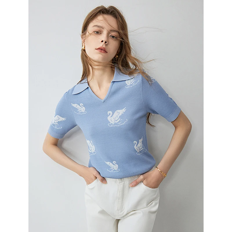 TOYOUTH-Camisa feminina de malha, jacquard cisne, gola polo em forma de V, top de manga curta, verão, novo, 2024