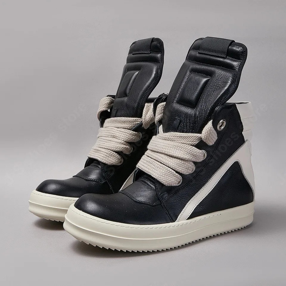 Ricks Men Shoe Black Leather Boot Outoor High Top Casual Shoe Jumbo Laces Owens Leather Zip Women Sneaker Boot Cowhide Flat Shoe