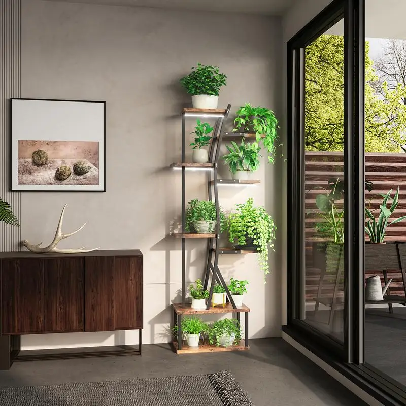 

Подставка для комнатных растений с подсветкой для выращивания растений, 8-уровневая полка для растений, изогнутый угловой дизайн, высокая подставка для гостиной, балкона и
