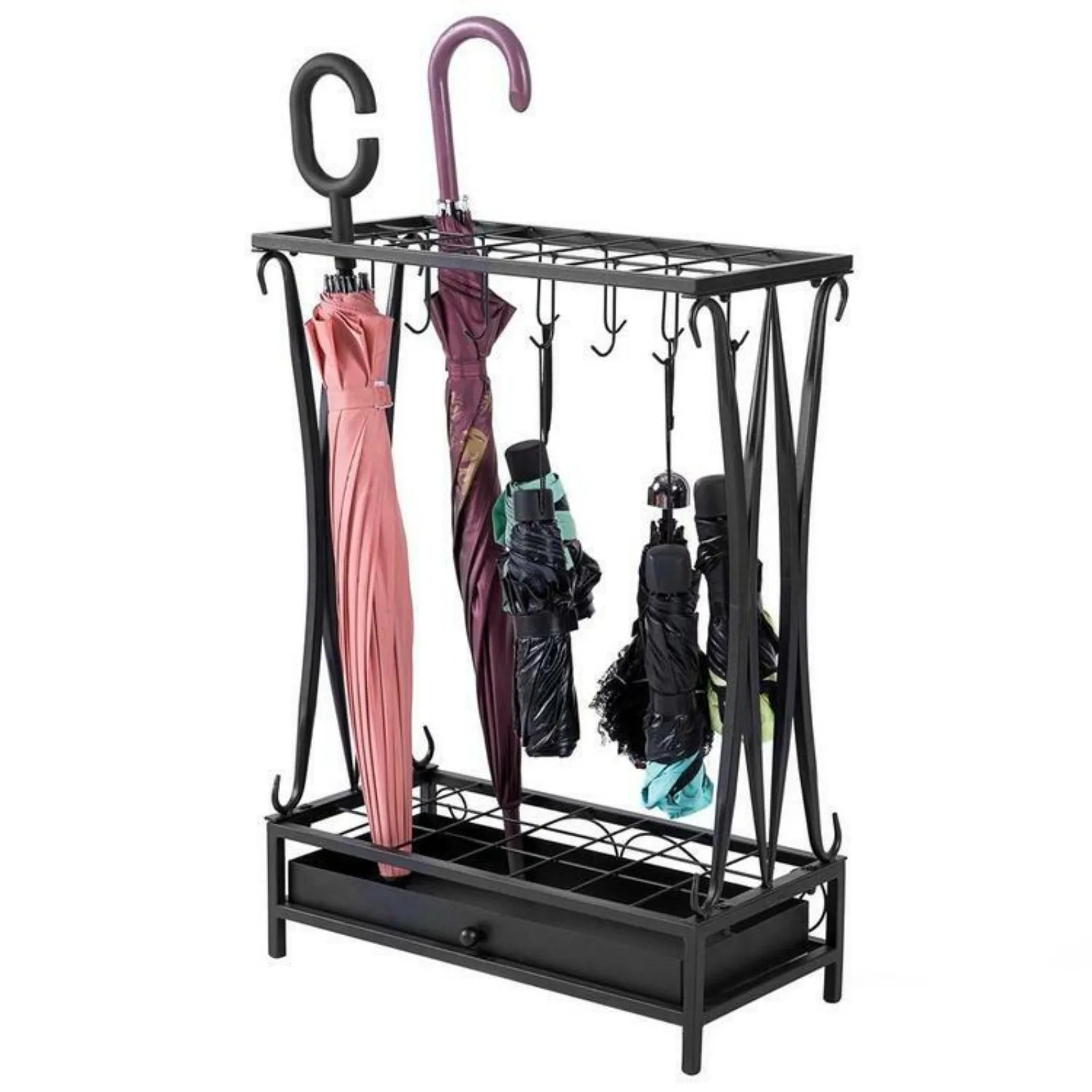 Black Metal 21-Slot Freestanding Umbrella Stand Holder Storage Rack w/ 12 Hooks United States