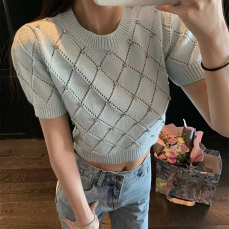 Women Knitted T-Shirts Spring Summer Short Pubble Sleeve Shirts Tops Female Loose Casual Knit Sweater Crop Tops Sex T-Shirts