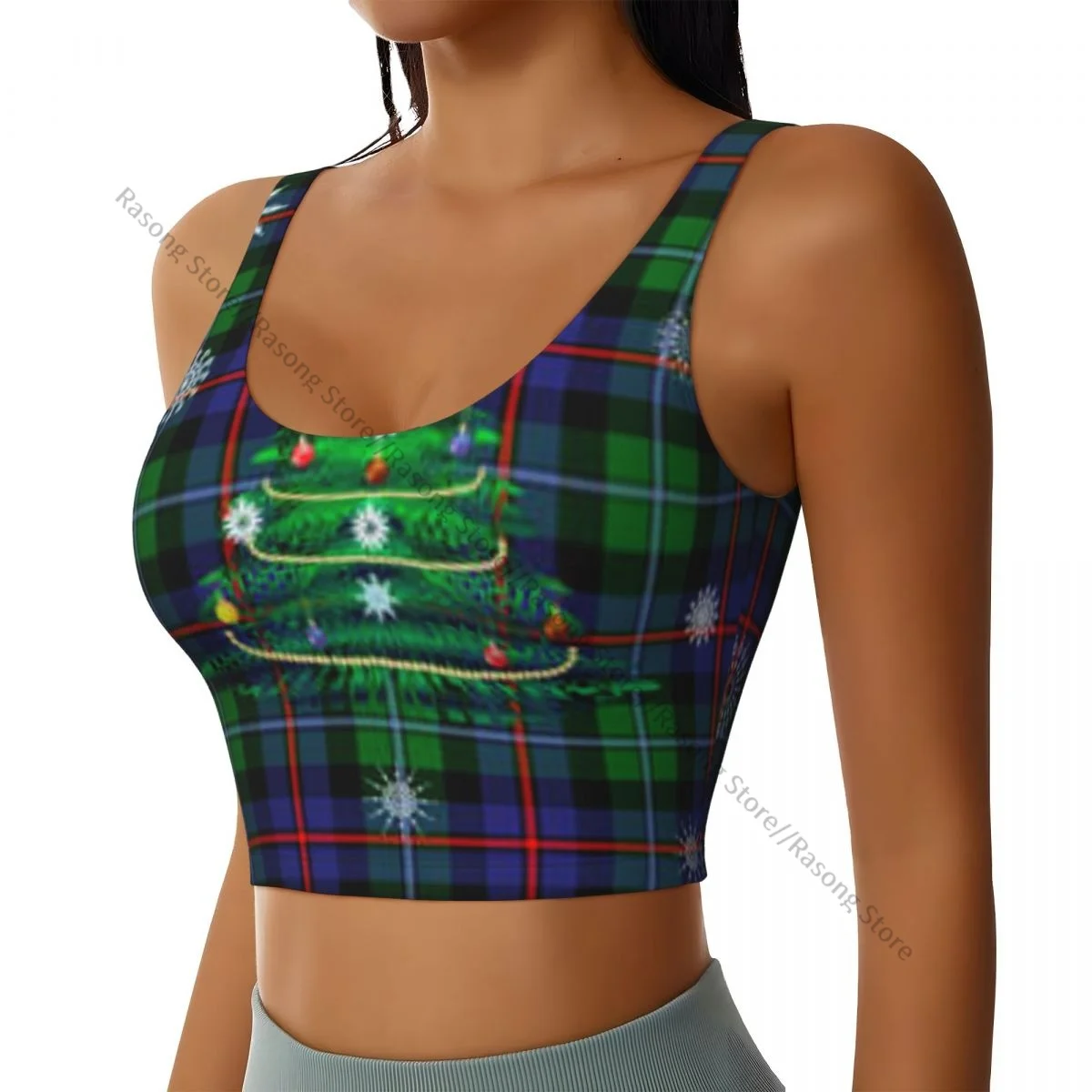 Women Sexy Sports Vest Argyll Tartan Christmas Tree Print Female Streetwear Sport Lingerie Tee Crop Top