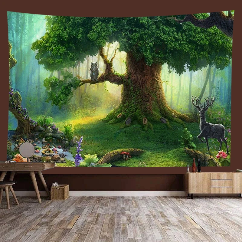 Magic forest fantasy castle abstract art background tapestry furniture decoration wall covering