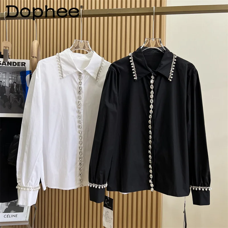 

French Elegant Beaded Lapel White Blouse Women 2023 Spring Autumn Long Sleeve Shirt Exquisite Rhinestone Cotton Top Female