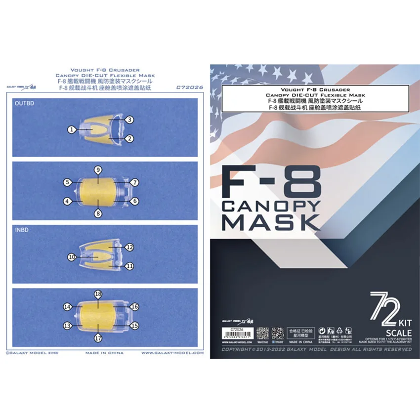 Galaxy1/72 Scale Vought F-8 Crusader Canopy Die-cut Flexible Mask for Academy Model #C72026