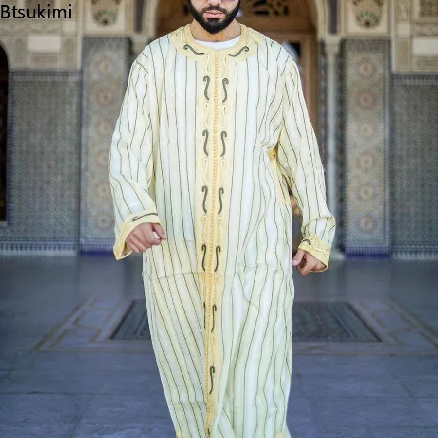 

2025 Men Muslim Jubba Thobe Patchwork Striped V Neck Long Sleeve Caftan Dubai Robe Vintage Islamic Arabic Men Kaftan Men's Gift