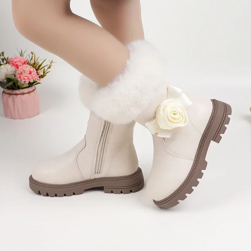 Children Casual Boots for Medium Big Girls Warm Thermal Boots Fluffy Plush Hairy with Flower Princess Sweet Kids Snow Boots Cute