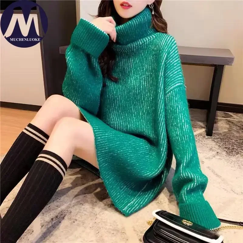 

Женский осенне-зимний вязаный свитер с высоким воротом и цветными блоками, корейский модный повседневный свободный теплый пуловер для ленивого стиля