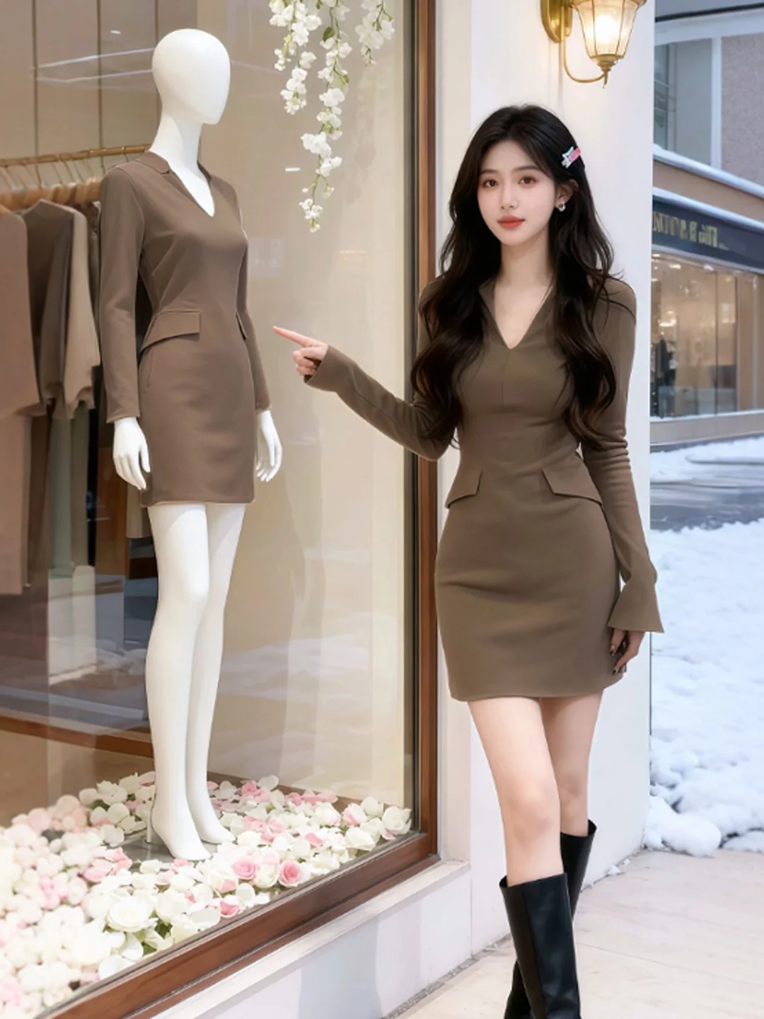 

Ретро-платье с V-образным вырезом, облегающее, с длинными рукавами, для женщин, зимнее, модное, с высокой талией, из смесового хлопка, деловое, повседневное