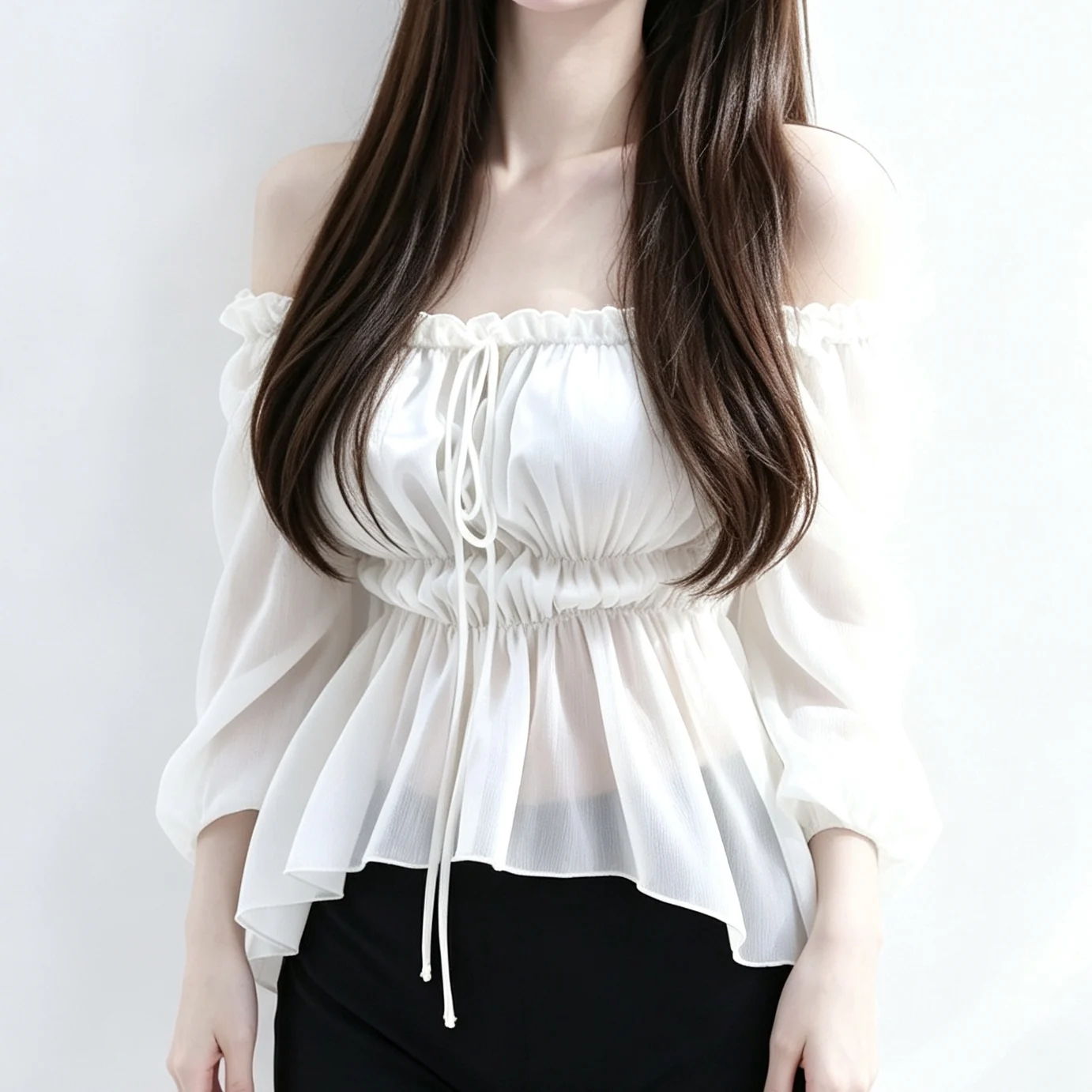 Elegant Off-Shoulder Chiffon Top with Wood Grain  in Beige for Women Spring Summer Short Style Commute Fashion Slim Fit L...