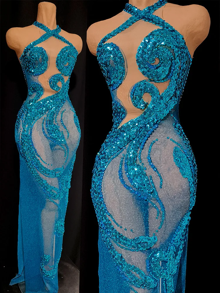 

Sexy Blue Sequined Rhinestones Birthday Celebrate Evening Slit Long Dress Mesh Transparent Gown Evening Dance Stage GOGO Outfit