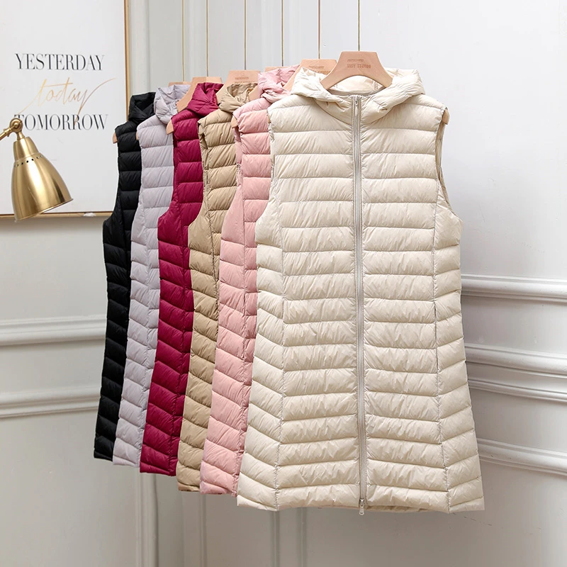 

New Autumn Winter Warm Parkas Women Hooded Down Waistcoat Ultra Light Thin White Duck Down Vest Coat Female Sleeveless Long Tank